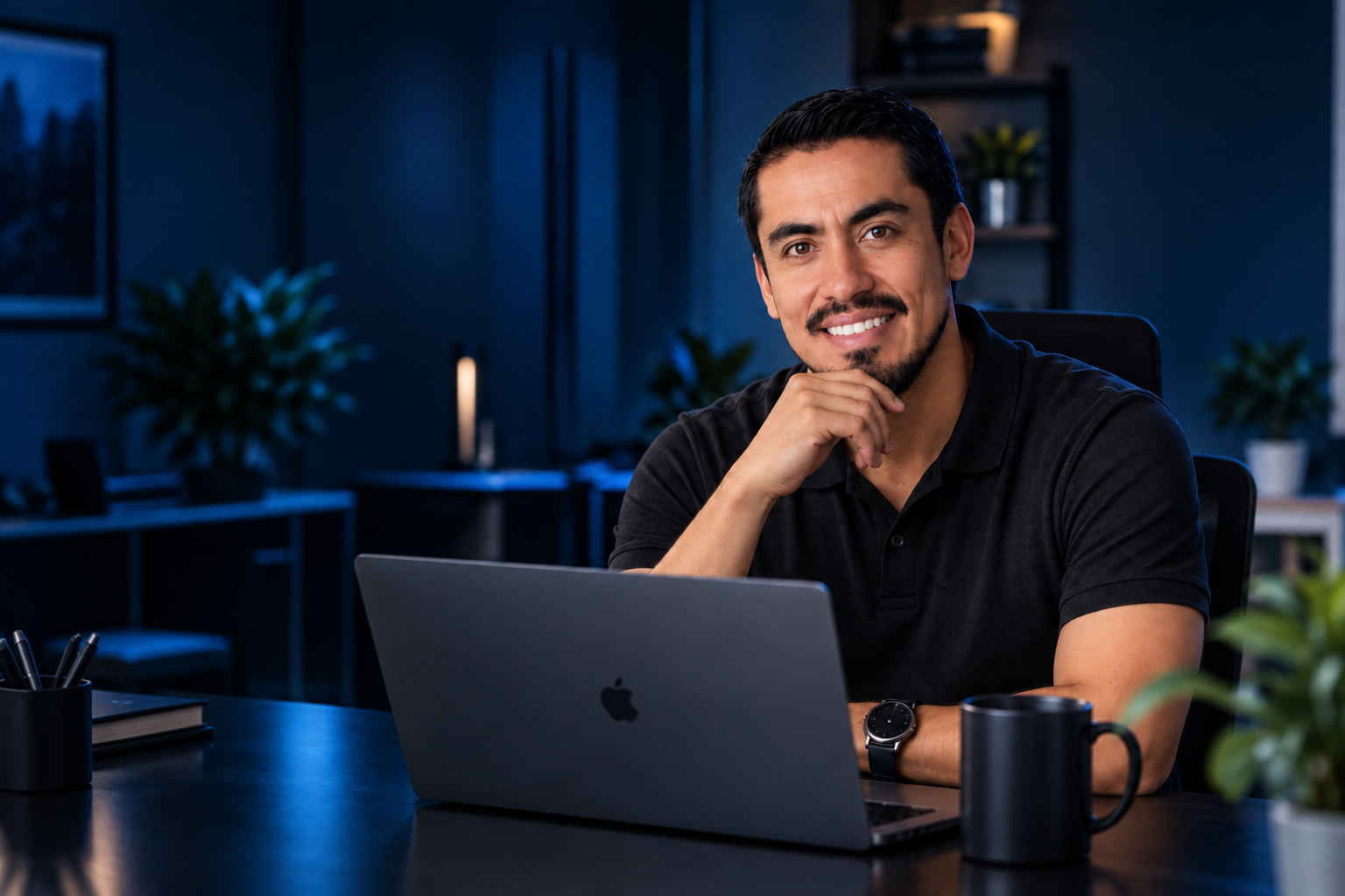 Miguel Soriano en su espacio de trabajo, frente a una computadora