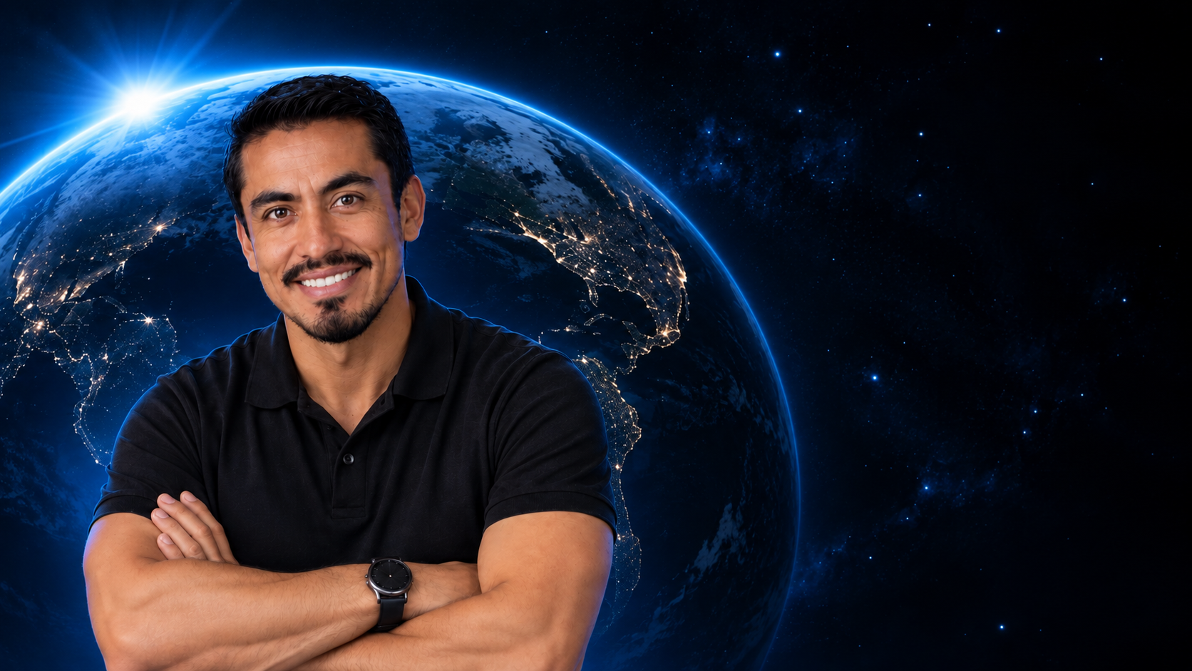 Miguel Soriano frente a un planeta Tierra iluminado en azul