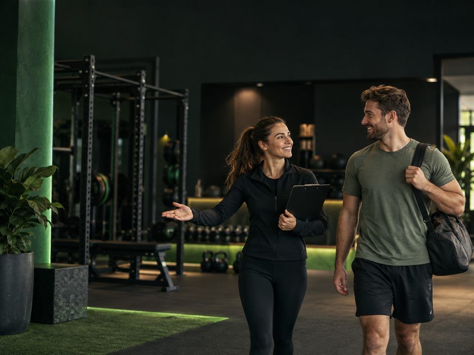Entrenadora conversando con un alumno mientras caminan por un gimnasio