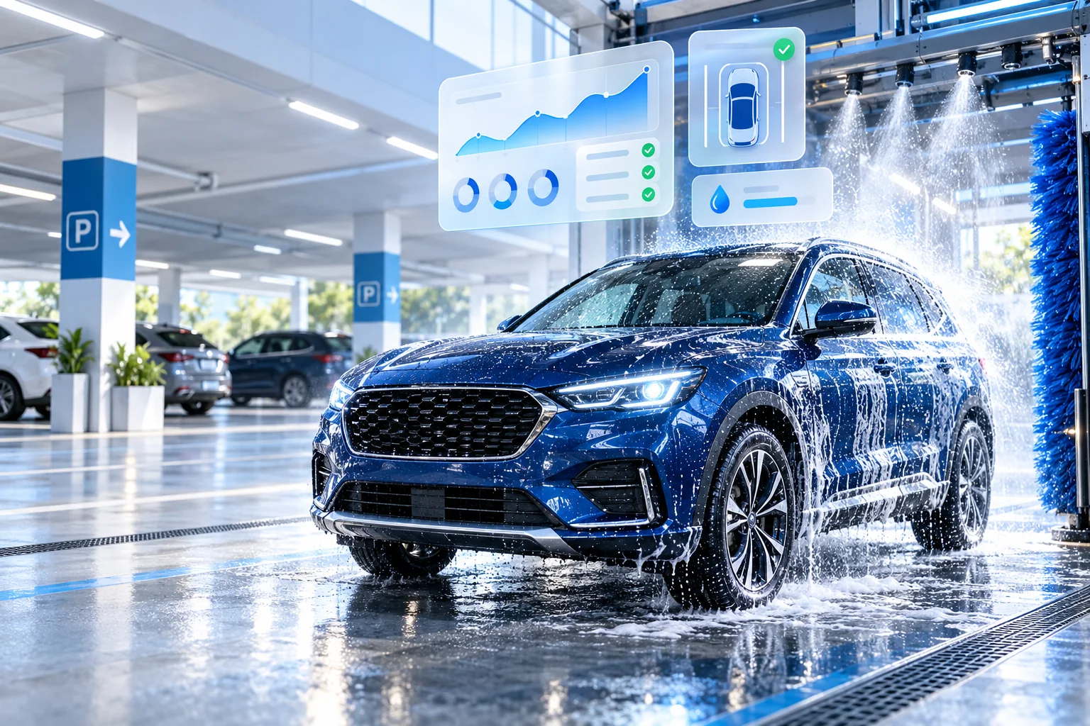 Automóvil azul en un moderno centro de lavado y estacionamiento